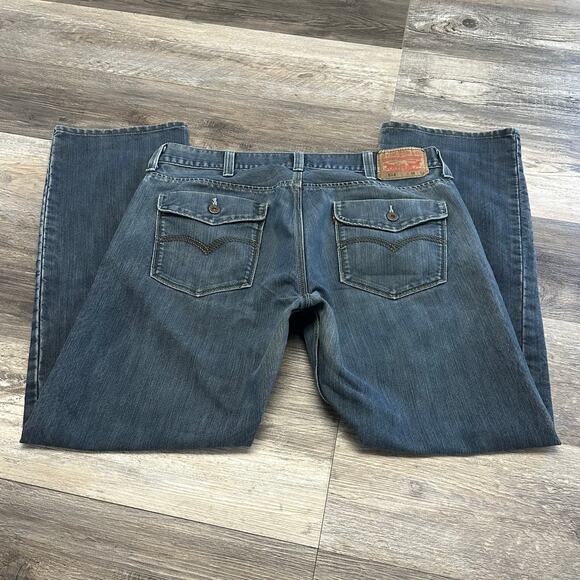 Levis 514 Jeans Red Tab Flap Pockets Blue Mens 38x31 Bootcut Mid Wash Denim - Picture 1 of 13
